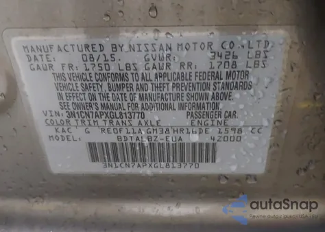 2016 Nissan Versa 1.6 S/1.6 S+/1.6 Sl/1.6 Sv z USA, uszkodzony, nr VIN 3N1CN7APXGL813770